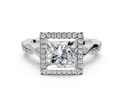 Halo Engagement Ring Setting for Princess Cut Center with Twist Band and Prong Head in Sterling Silver