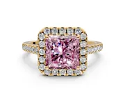 Halo Engagement Ring Setting for Fancy Pink Princess Cut Center with Raised Halo, Pave Band and Prong Head in Yellow Gold