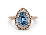 Milgrain Floral Halo Engagement Ring Setting for Fancy Blue Pear-Shaped Center with Pave Band and Prong Head in Rose Gold