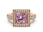 Milgrain Halo Engagement Ring Setting for Fancy Pink Princess Cut Center with Pave Band and Prong Head in Rose Gold
