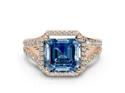 Halo Engagement Ring Setting for Fancy Blue Asscher Cut Center with Narrow Pave Split Shank and Prong Head in Rose Gold