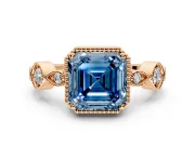 Vintage Station Engagement Ring Setting for Fancy Blue Asscher Cut Center with Accents and Prong Head in Rose Gold