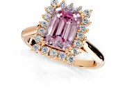 Starburst Halo Engagement Ring Setting for Fancy Pink Emerald Cut Center with Thin Round-Wire Band and Prong Head in Rose Gold