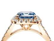 Halo Engagement Ring Setting for Fancy Blue Asscher Cut Center with Raised Halo, Pave Band and Prong Head in Rose Gold