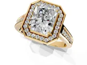 Halo Engagement Ring Setting for Radiant Cut Center with Outer Bezel Rim, Pave Band and Prong Head in Yellow Gold
