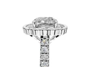 Milgrain Floral Halo Engagement Ring Setting for Cushion Cut Center with Pave Band and Prong Head in White Gold