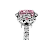 Halo Engagement Ring Setting for Fancy Pink Radiant Cut Center with Openwork Halo, Pave Band and Prong Head in Platinum