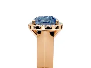 Halo Engagement Ring Setting for Fancy Blue Cushion Cut Center with Knife Ridge Cathedral Band and Prong Head in Rose Gold