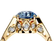 Cathedral Engagement Ring Setting for Fancy Blue Round Cut Center with Antique-Style Pave Band and Prong Head in Yellow Gold