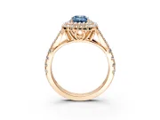 Double Halo Engagement Ring Setting for Fancy Blue Emerald Cut Center with Narrow Pave Split Shank and Prong Head in Rose Gold
