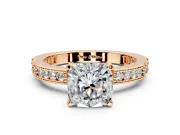 Solitaire Engagement Ring Setting for Cushion Cut Center with Milgrain-Edged Pave Band and Prong Head in Rose Gold