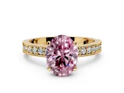 Milgrain Pave Engagement Ring Setting for Fancy Pink Oval Center with Accent Band and Prong Head in Yellow Gold