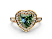 Halo Engagement Ring Setting for Fancy Green Heart-Shaped Center with Outer Bezel Rim, Pave Band and Prong Head in Yellow Gold