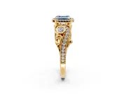Milgrain Halo Engagement Ring Setting for Fancy Blue Asscher Cut Center with Shoulder Bezels and Prong Head in Yellow Gold