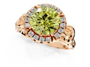 Halo Engagement Ring Setting for Fancy Yellow Round Cut Center with Open Scroll Shoulders and Prong Head in Rose Gold