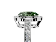 Bezel-Framed Halo Engagement Ring Setting for Fancy Green Oval Center with Pave Band and Prong Head in Platinum