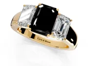 3 Stone Engagement Ring Setting for Fancy Black Emerald Cut Center with Raised Basket Heads and Prong Head in Yellow Gold