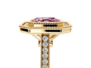 Halo Engagement Ring Setting for Fancy Pink Asscher Cut Center with Milgrain Frame, Pave Band and Prong Head in Yellow Gold