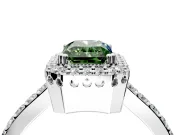 Halo Engagement Ring Setting for Fancy Green Radiant Cut Center with Inner Milgrain Border and Prong Head in Platinum