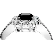 Halo Engagement Ring Setting for Fancy Black Emerald Cut Center with Milgrain Channel Band and Prong Head in White Gold