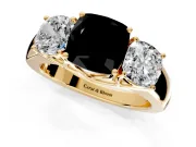 3 Stone Engagement Ring Setting for Fancy Black Cushion Cut Center with Raised Basket Heads and Prong Head in Yellow Gold