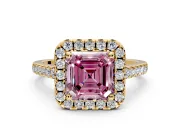 Halo Engagement Ring Setting for Fancy Pink Asscher Cut Center with Raised Halo, Pave Band and Prong Head in Yellow Gold