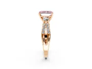 3 Stone Engagement Ring Setting for Fancy Pink Radiant Cut Center with Pave Split Shank and Prong Head in Rose Gold