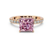 Solitaire Engagement Ring Setting for Fancy Pink Princess Cut Center with Round Cut Pave Band and Prong Head in Rose Gold