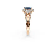 Halo Engagement Ring Setting for Fancy Blue Asscher Cut Center with Two-Strand Split Shank and Prong Head in Rose Gold
