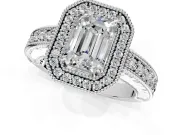 Milgrain Halo Engagement Ring Setting for Emerald Cut Center with Pave Band and Prong Head in White Gold