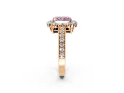 Halo Engagement Ring Setting for Fancy Pink Radiant Cut Center with Milgrain Channel Band and Prong Head in Rose Gold