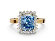 Starburst Halo Engagement Ring Setting for Fancy Blue Radiant Cut Center with Flat Cathedral Band and Prong Head in Yellow Gold