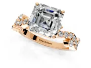 Solitaire Engagement Ring Setting for Asscher Cut Center with Bar-Station Pave Twist and Prong Head in Rose Gold