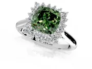 Starburst Halo Engagement Ring Setting for Fancy Green Cushion Cut Center with Thin Round-Wire Band and Prong Head in Sterling Silver