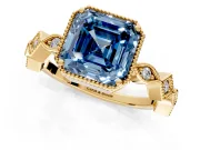 Milgrain Bezel Engagement Ring Setting for Fancy Blue Asscher Cut Center with Marquise Stations and Bezel Head in Yellow Gold
