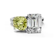Fancy Yellow Cushion Cut and Emerald Cut Lab-Grown Diamond Toi et Moi Engagement Ring with Prong-Set Stones in White Gold
