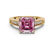 Engraved Engagement Ring Setting for Fancy Pink Asscher Cut Center with Milgrain Pave Band and Prong Head in Yellow Gold