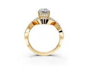 Halo Engagement Ring Setting for Radiant Cut Center with Pave Infinity Twist Band and Prong Head in Yellow Gold