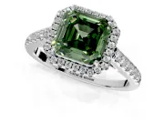 Halo Engagement Ring Setting for Fancy Green Asscher Cut Center with Narrowing Pave Band and Prong Head in Platinum