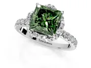 Halo Engagement Ring Setting for Fancy Green Princess Cut Center with Openwork Halo, Pave Band and Prong Head in Platinum