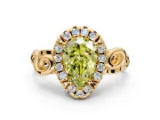 Halo Engagement Ring Setting for Fancy Yellow Pear-Shaped Center with Open Scroll Shoulders and Prong Head in Yellow Gold