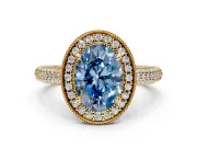 Milgrain Halo Engagement Ring Setting for Fancy Blue Oval Center with Three-Sided Pave Band and Prong Head in Yellow Gold