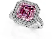 Halo Engagement Ring Setting for Fancy Pink Asscher Cut Center with Outer Bezel Rim, Pave Band and Prong Head in White Gold