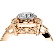 Halo Engagement Ring Setting for Round Cut Center with Milgrain Rim, Pave Band and Prong Head in Rose Gold