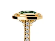 Halo Engagement Ring Setting for Fancy Green Asscher Cut Center with Milgrain Pave Band and Bezel Head in Yellow Gold