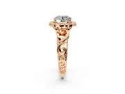 Halo Engagement Ring Setting for Round Cut Center with Open Scroll Shoulders and Prong Head in Rose Gold
