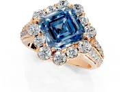 Large Accent Halo Engagement Ring Setting for Fancy Blue Asscher Cut Center with Pave Split Shank and Prong Head in Rose Gold
