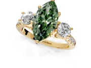 3 Stone Engagement Ring Setting for Fancy Green Marquise Center with Crossover Basket, Pave Band and Prong Head in Yellow Gold
