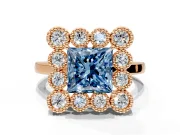 Cluster Halo Engagement Ring Setting for Fancy Blue Princess Cut Center with Milgrain Bezel Accents and Prong Head in Rose Gold