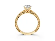 Solitaire Engagement Ring Setting for Oval Center with Engraved Milgrain Band and Prong Head in Yellow Gold